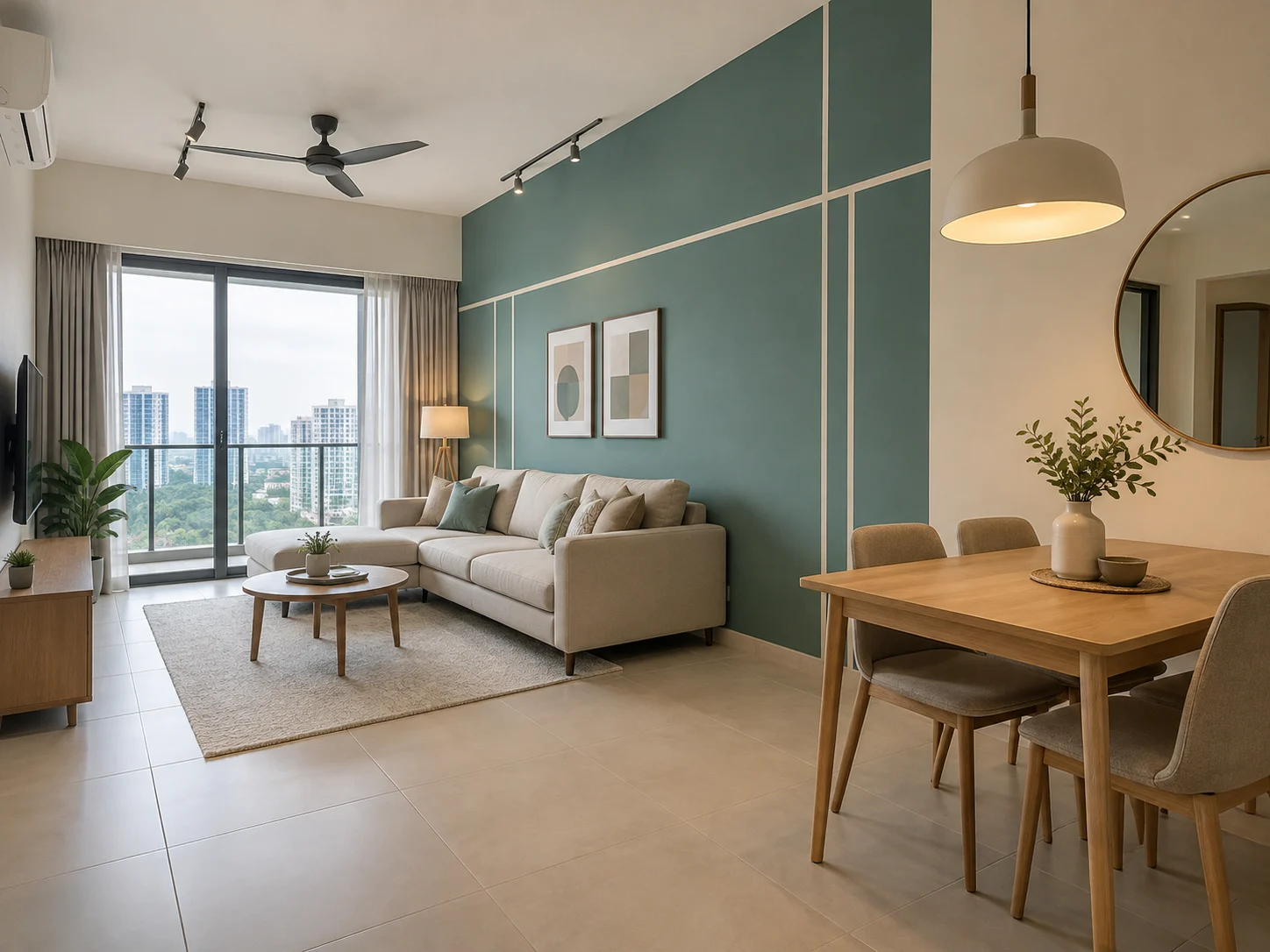 Ilustrasi ruang tamu dan makan condo dengan dinding teal bercorak geometri