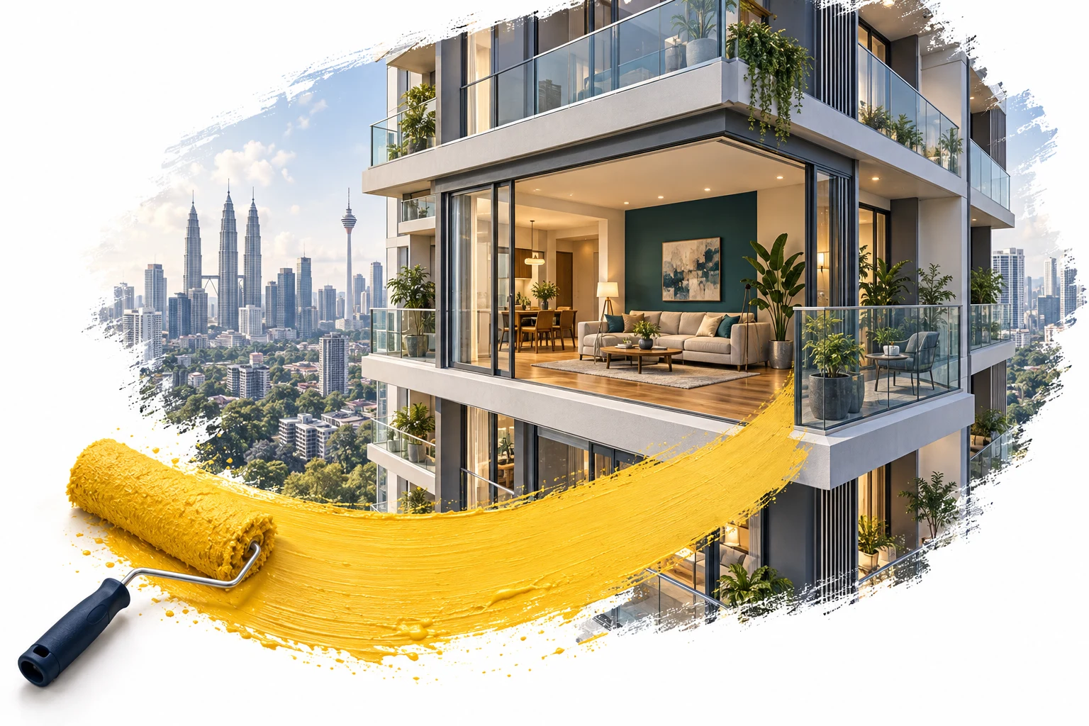 Ilustrasi ruang tamu condo dengan dinding teal, latar Kuala Lumpur dan sapuan penggelek cat kuning