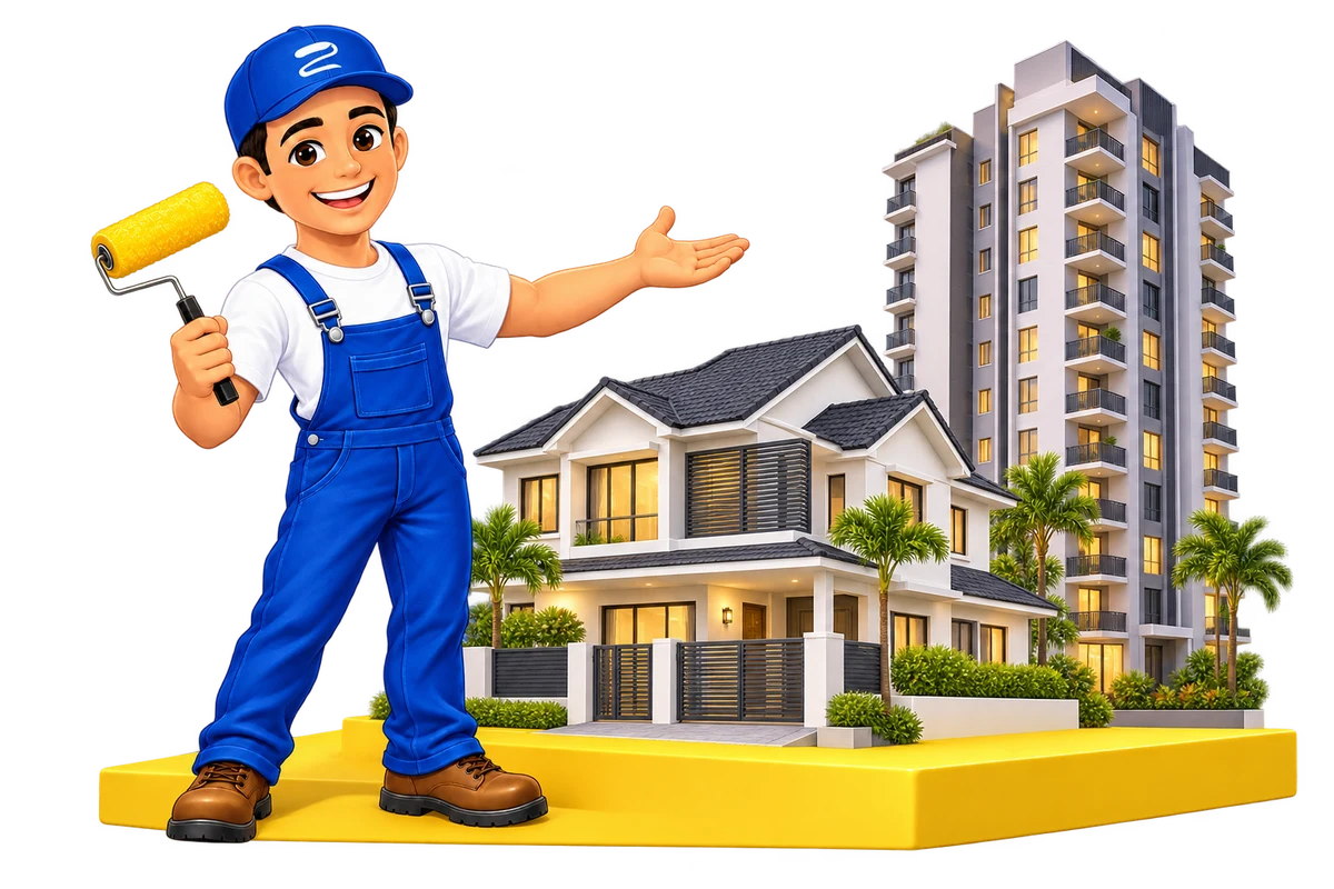 Ilustrasi maskot Zoy menunjukkan rumah landed dan bangunan high-rise