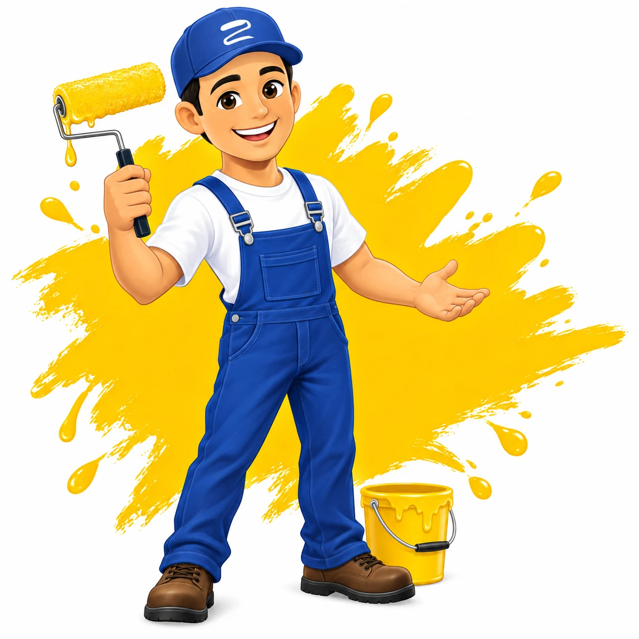 Ilustrasi maskot Zoy memakai overall biru dan memegang roller cat kuning